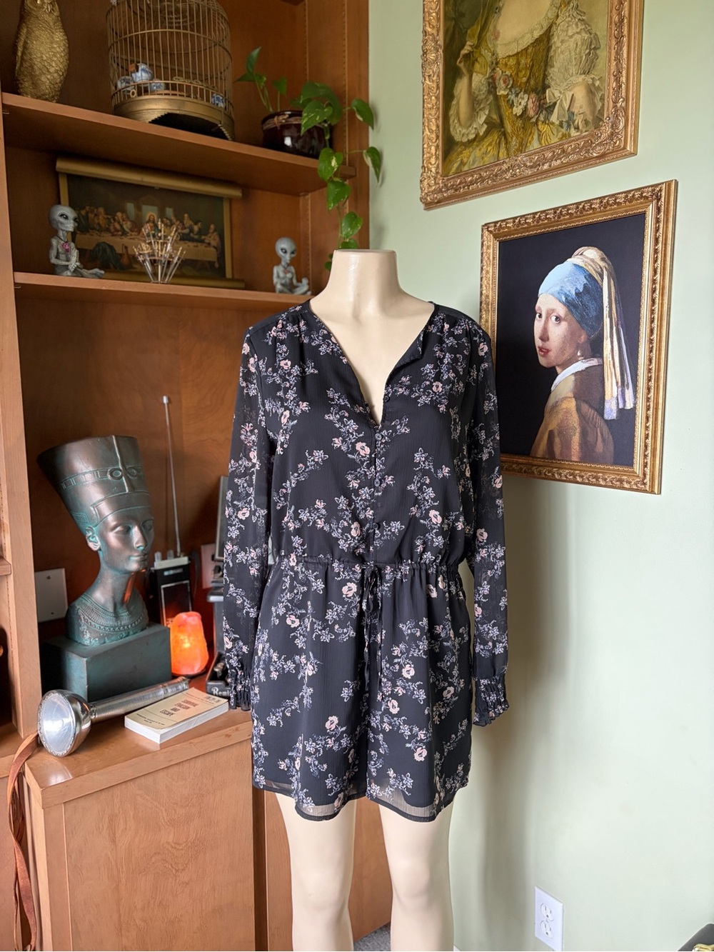 Mossimo Supply Co. Black Floral Long-Sleeve Shorts Romper Size L Cottagecore - Picture 3 of 16